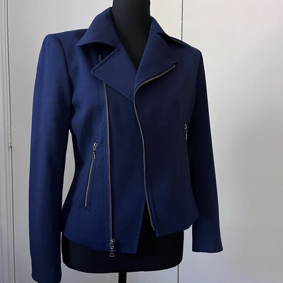 TAHARI blue asymmetrical full-zip jacket side zip pockets notch lapel Small - Picture 2 of 10